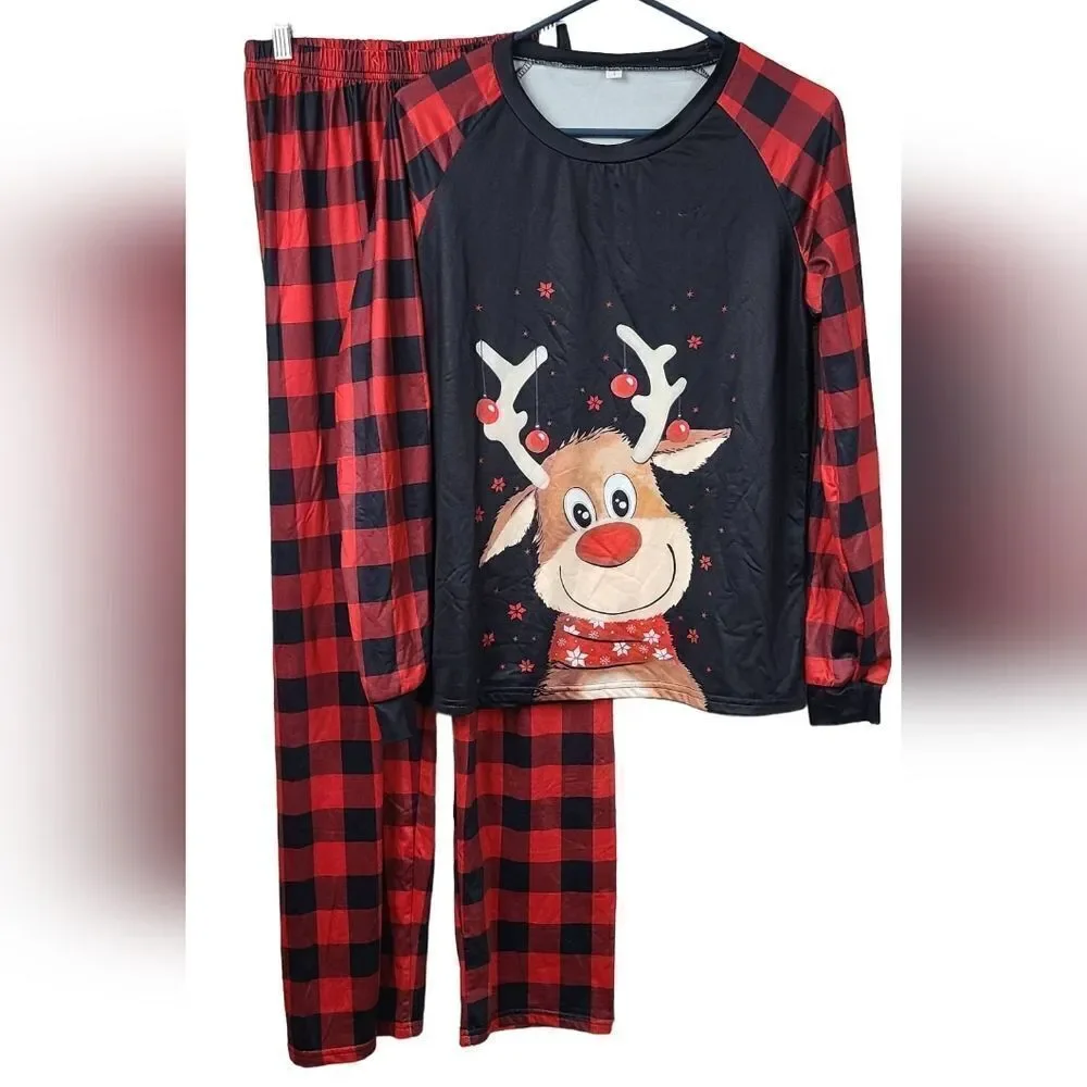 Fleece Lined Red Buffalo Plaid Holiday Reindeer Women's Christmas Pajamas Set S